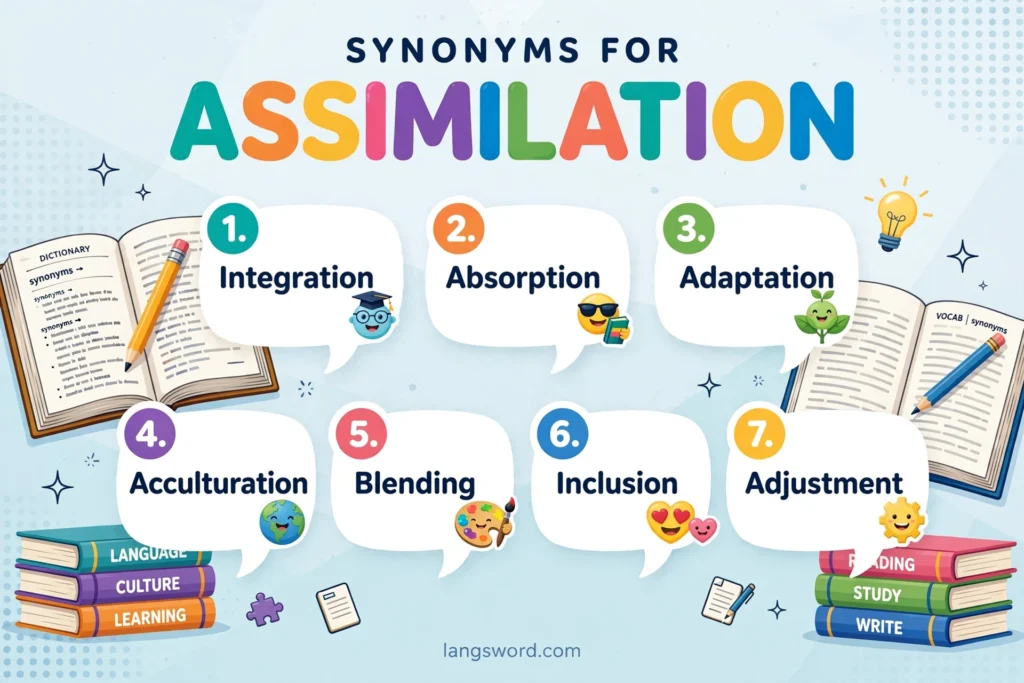 Synonyms for Assimilation infographic with seven key synonyms