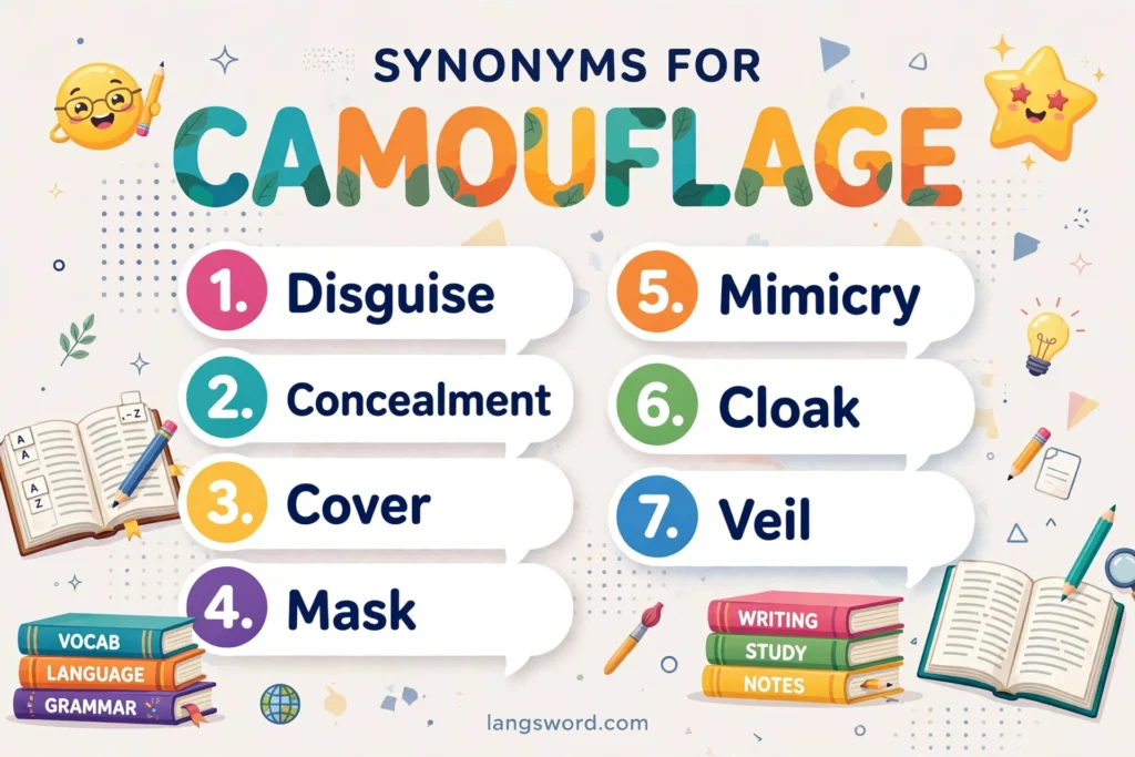 Synonyms for Camouflage infographic with seven key synonyms