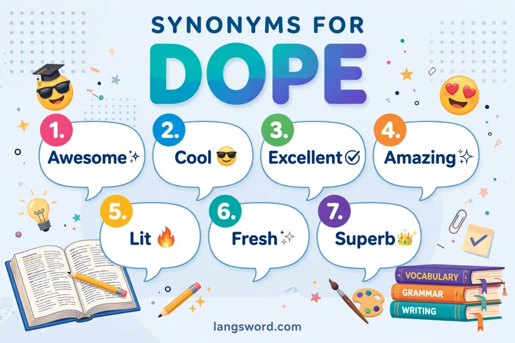 Synonyms for Dope infographic with seven key synonyms