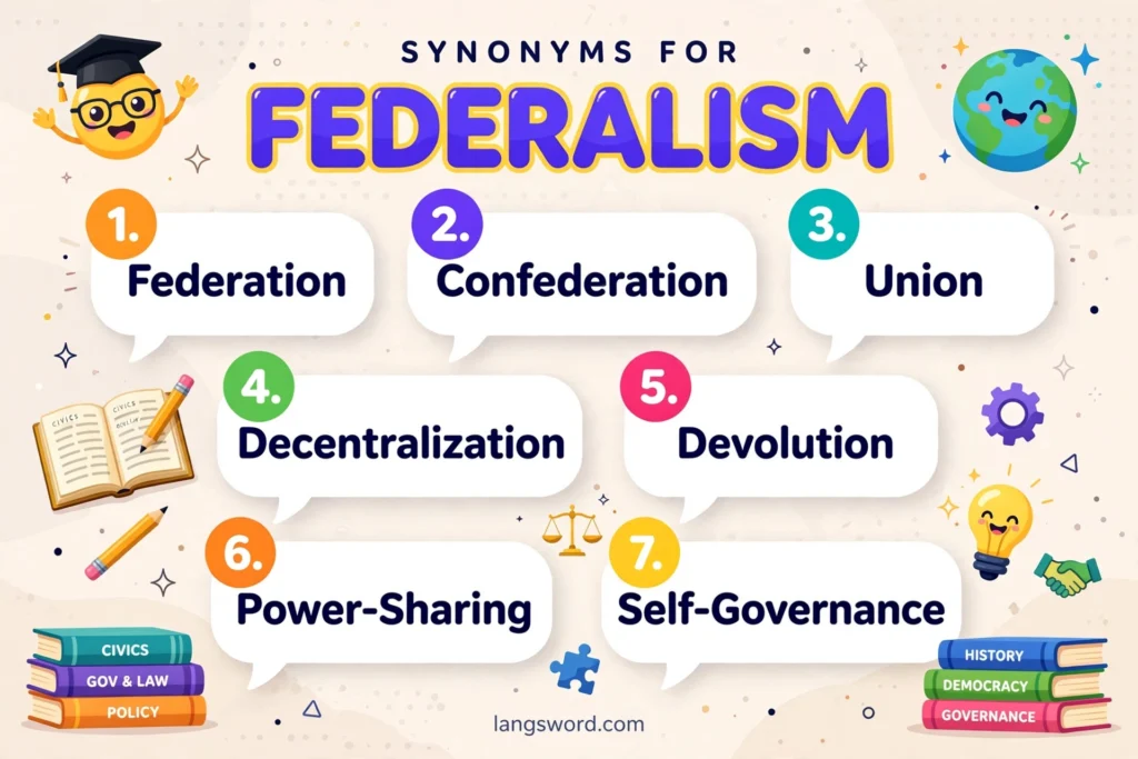 Synonyms for Federalism infographic with seven key synonyms