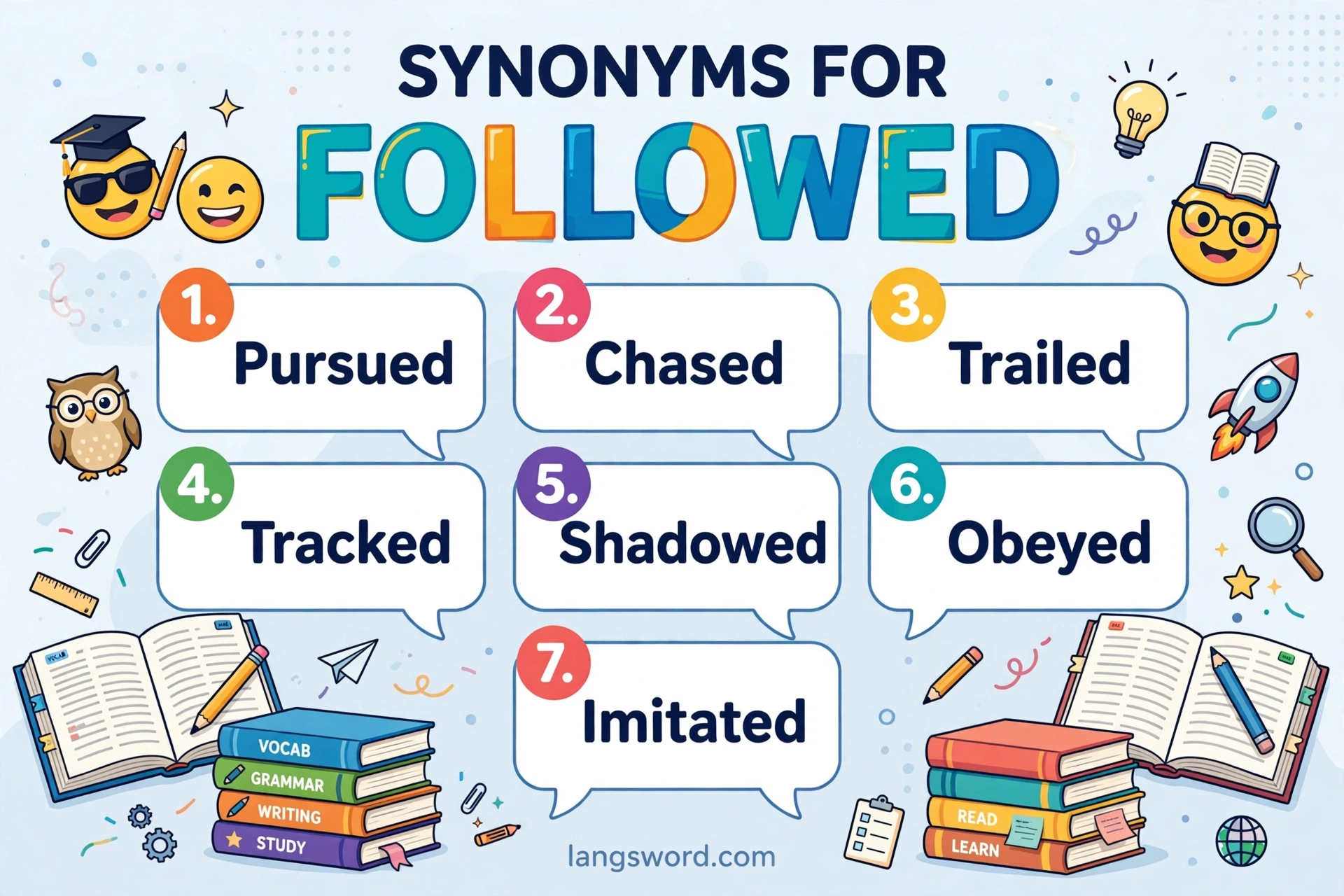 Synonyms for Followed infographic with seven key synonyms
