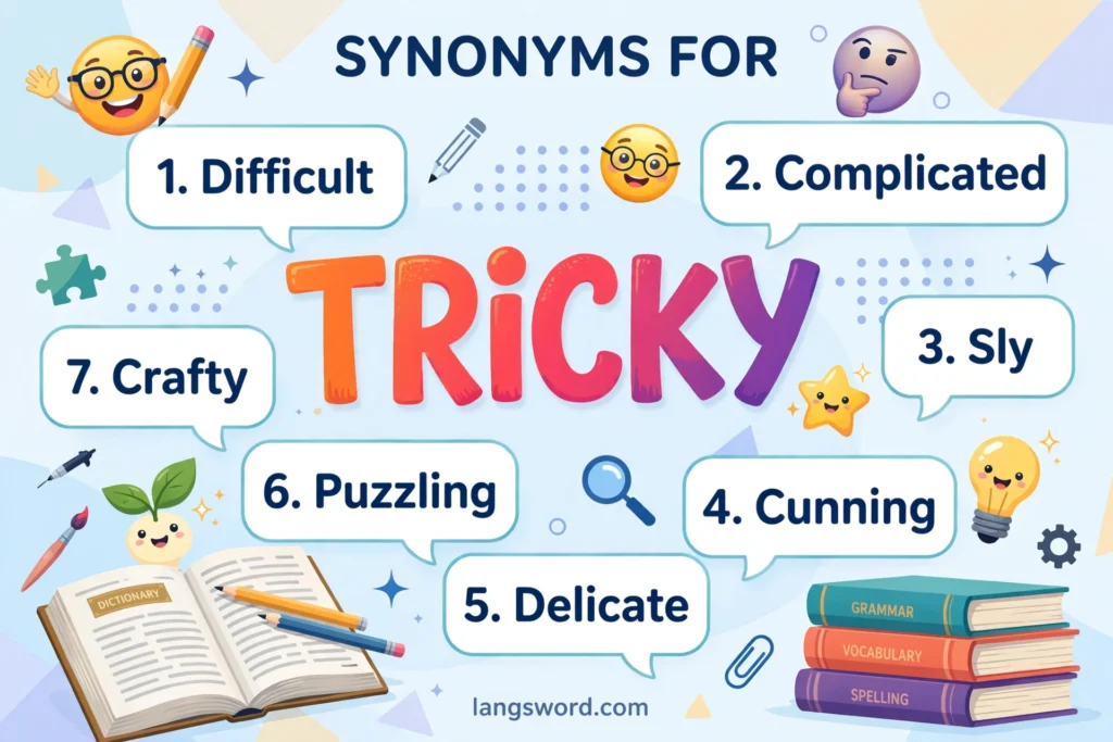 Synonyms for Tricky infographic with seven key synonyms